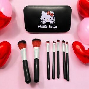 Hello Kitty Makeup Brush Set NWT Black Storage Tin & 7pc Cosmetic Blush Eyebrow
